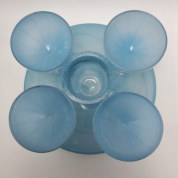 Blue Art Decor Raised Pedestal Platter Plate Cake Stand Wt 4 Ice Cream Wine Cups - Picture 3 of 12